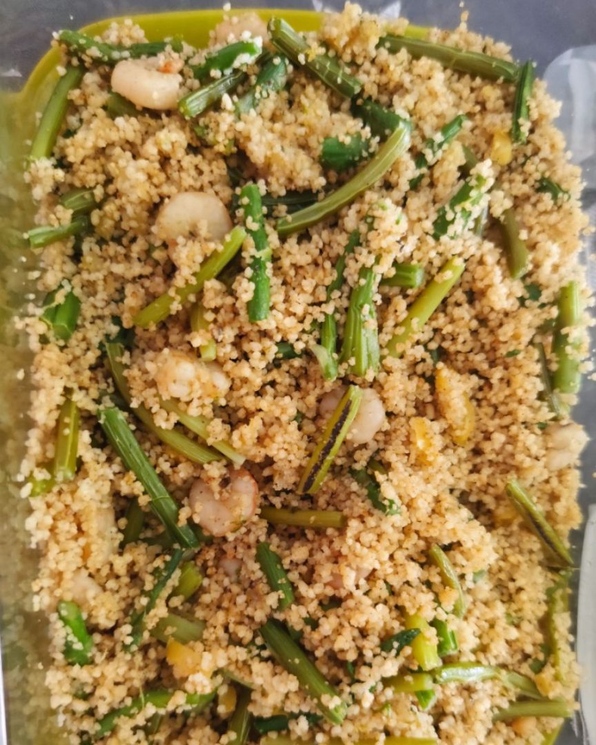 Couscous con ajetes y gambas Couscous con ajetes y gambas