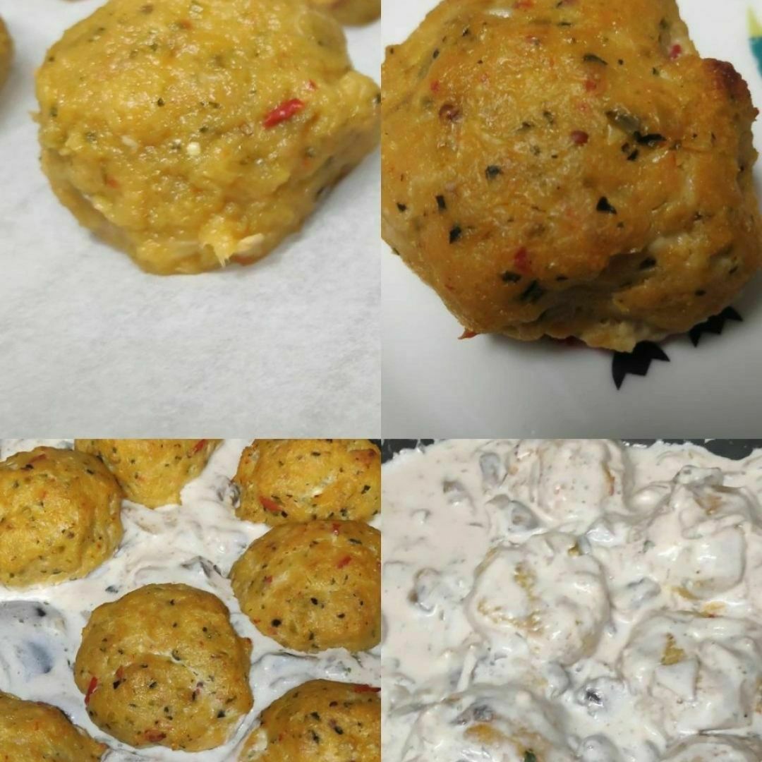 Albóndigas de merluza, gambas y verduras con salsa de champiñones Albóndigas de merluza, gambas y verduras con salsa de champiñones