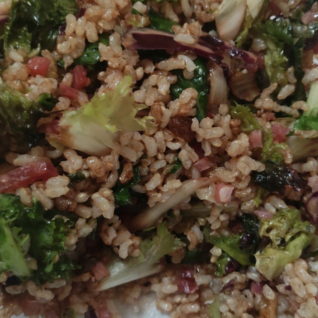 Ensalada de Arroz Integral con pera jamón y parmesano con vinagreta de frutos secos Thermomix 