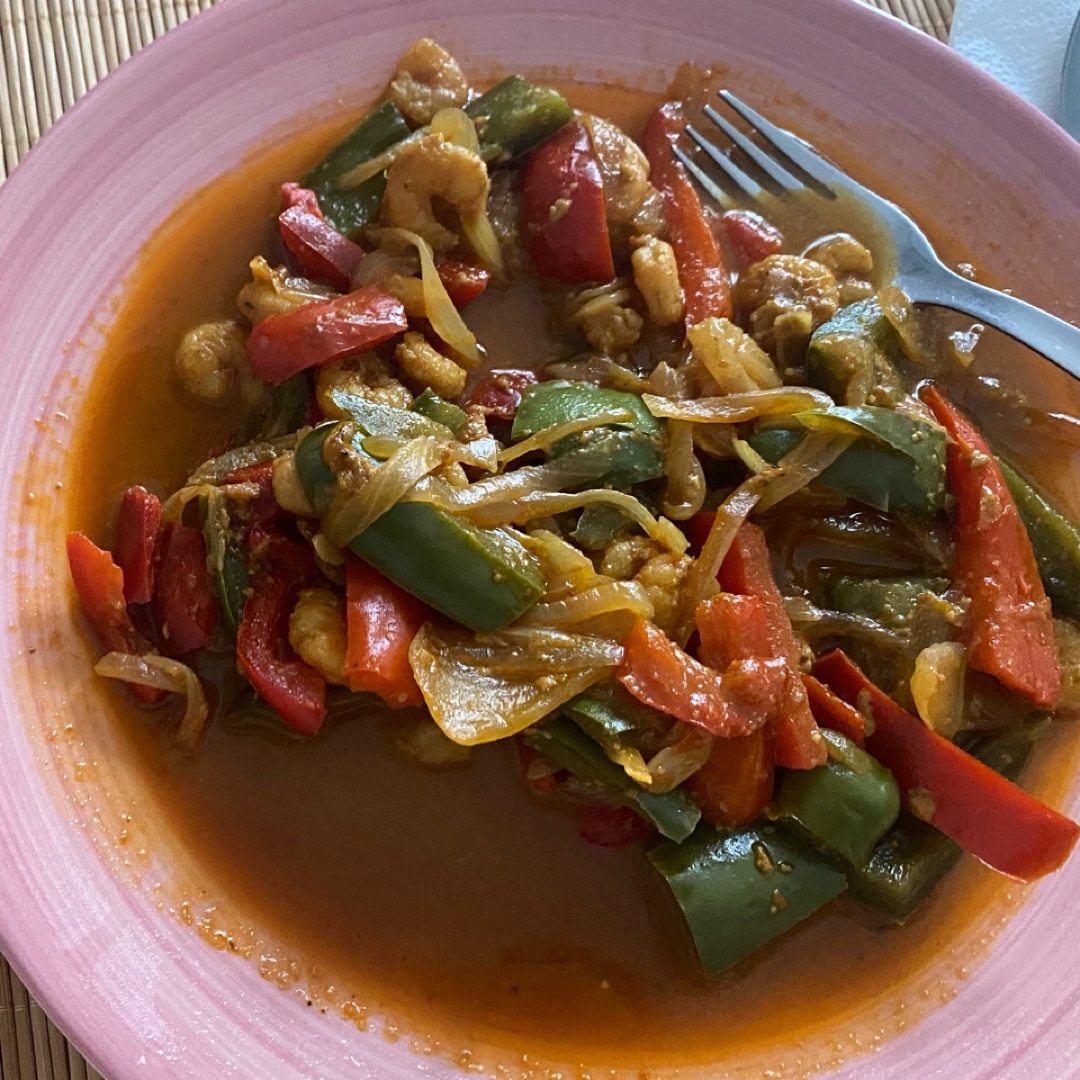 Gambas con verdura al curry Gambas con verdura al curry